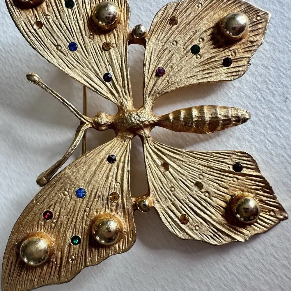 Vintage Goldtoned Tara Butterfly Statement Pin Brooch Jewelry Rhinestone